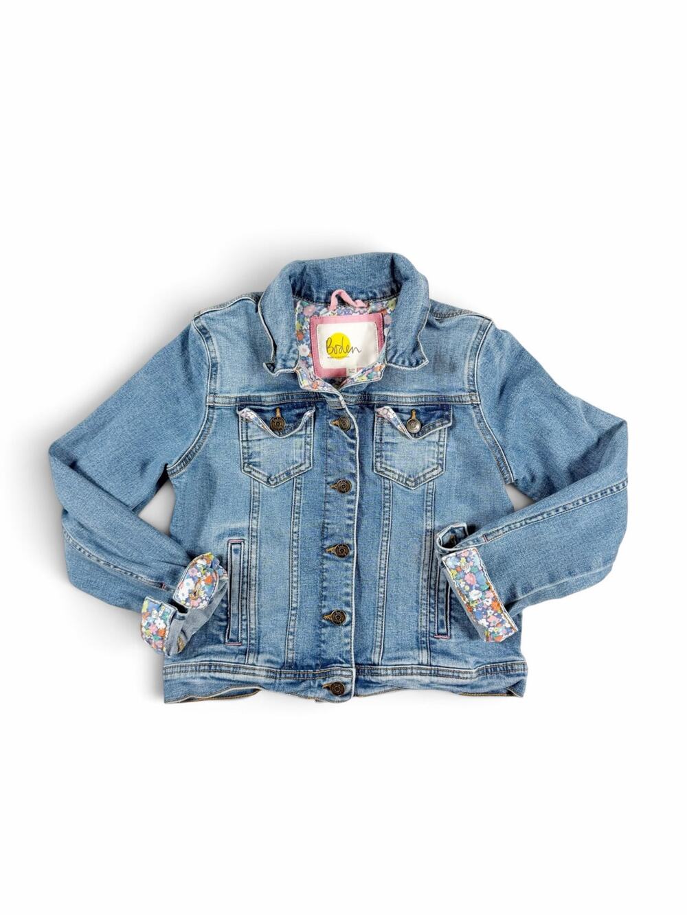 Mini Boden Girls Floral Lined Denim Trucker Jacket Blue Size 11-12